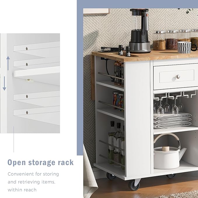 Merax Rubber Wood Kitchen Island with Adjustable Storage, Rolling Kitchen Storage Cart with Drop Leaf, Open Storage, Wine Rack, 5 Wheels for Home, Kitchen, Dining Room, White