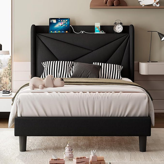 iPormis Twin Size Bed Frame with Charging Station, Linen Platform Bed Frame with Wingback Headboard Upholstered Bedframe, Solid Wood Slats Support, No Box Spring Needed, Easy Assembly, Black