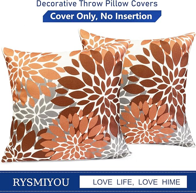 Decorative Throw Pillow Covers Set of 2 Brown Coffee Pillow Covers 22x22 Inch Couch Pillow Covers for Sofa Living Room Outdoor Throw Pillow Cover Linen Floral Flower Farmhouse Pillowcase