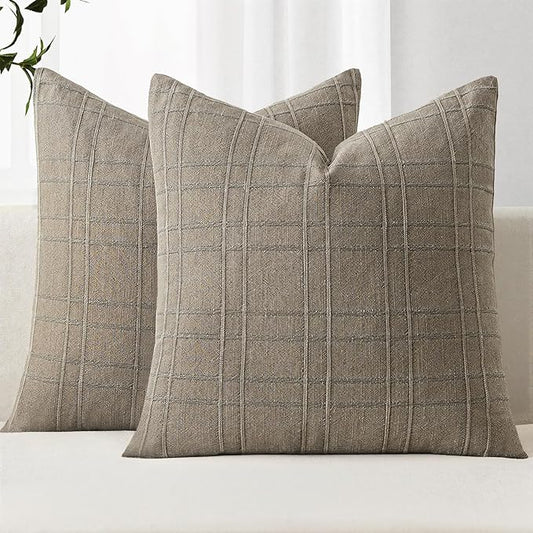 MIULEE Decorative Linen Check Euro Shams Throw Pillow Covers Neutral Farmhouse Vintage Pillow Covers 28x28 Set of 2 Boho Modern Winter Home Decor for Sofa Couch Bedroom Cushion Tan Taupe