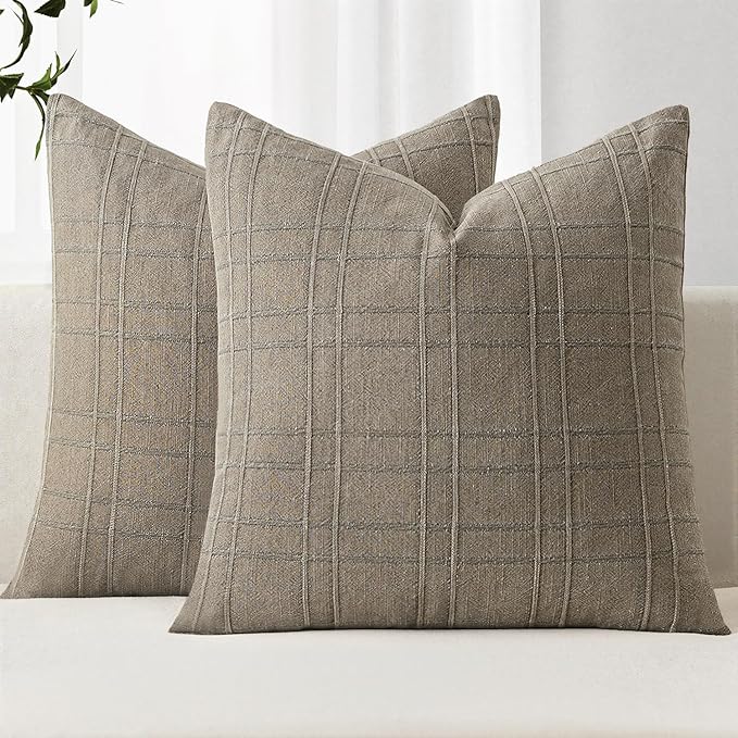 MIULEE Decorative Linen Check Euro Shams Throw Pillow Covers Neutral Farmhouse Vintage Pillow Covers 24x24 Set of 2 Boho Modern Winter Home Decor for Sofa Couch Bedroom Cushion Tan Taupe
