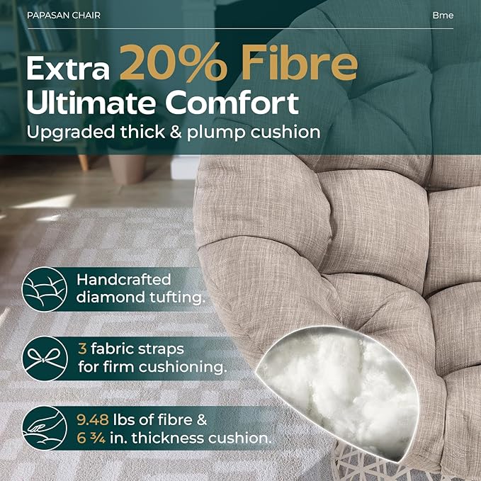 Bme 40" Ergonomic Wicker Papasan Chair with Soft Thick Cushion & Frame, 360° Swivel, Circle, Reading, Comfy Chair for Living Room, Bedroom