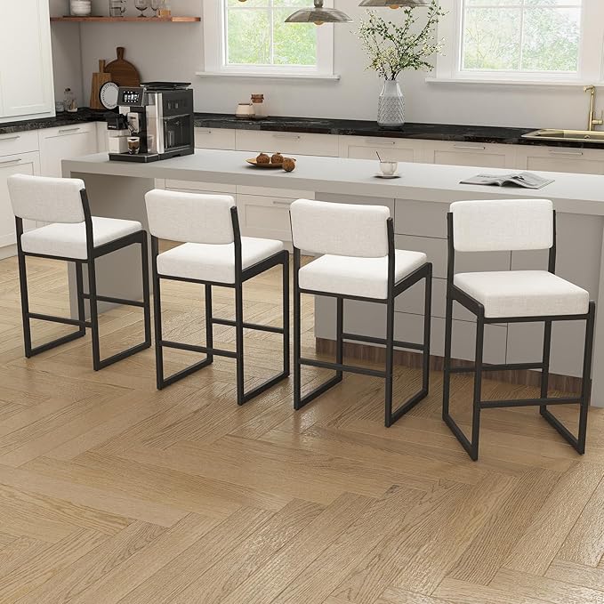 Mid Century Modern Counter Height Bar Stools Set of 3, 26" Bar Height Chairs with Backs, Upholstered Counter Stools, Metal Barstools for Kitchen Island (Beige- Fabric, 26" H - Set of 4)