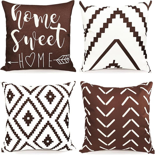 Decorative Throw Pillow Covers Set of 4 Brown Pillow Covers 22x22 inch Throw Pillow Cases Linen Square Pillow Case,Farmhouse Outdoor Modern Geometric Pillow Covers for Couch Sofa Living Room