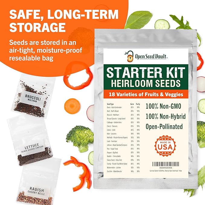 Open Seed Vault 15,000 Heirloom Plant Seeds for Gardening Vegetables and Fruits - Survival Seeds Kit with 30 Varieties - Organic, Non-GMO Survival Seed Pack for Home Gardening and Emergency Supplies