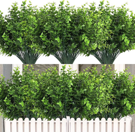 RECUTMS Artificial Boxwood Stems Fake Plant 12 Large Pieces, Faux Farmhouse Greenery Shrubs to Brighten up Your Wedding Home Kitchen Garden Patio Yard Indoor Outdoor Decor(Eucalyptus)