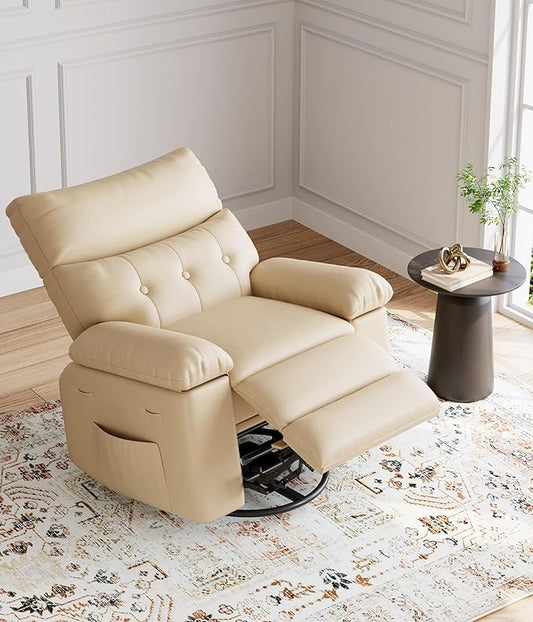 GarveeHome Oversized Rocker Swivel Recliner Chair - PU Leather Extra Wide Manual Recliner for Adults, Large Lazy Chair with 1.5X Sponge Comfort Arm and Back for Living Room, Bedroom