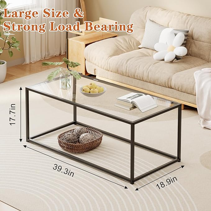 Glass Coffee Table, Modern Center Tables for Living Room, Black Rectangle Center Tea with Metal Frame, Clear Glass Top Coffee Table for Home, Office, Easy Assembly, 39.4 x 18.9 x 17.7, Black