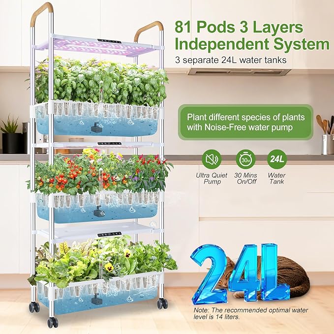 Indoor Garden Hydroponic Growing System with 81 Pods Herbs Garden Kit with 30W Led Grow Light Large Movable 3-Layer Floor-Standing hydroponic Gardening System Planter Grower for Vegetable Fruit