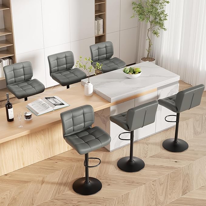 Modern Bar Stools Set of 4, Faux Leather Upholstered Swivel Bar Stools, Adjustable Counter Height Bar Chairs with High Back and Footrest for Kitchen Island (Dark Grey)