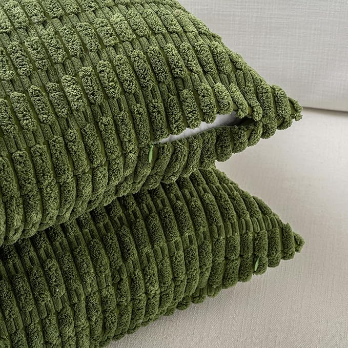 Fancy Homi Set of 4 Green Boho Winter Decorative Throw Pillow Covers 22x22 Inch for Couch Bed Sofa, Aesthetic Modern Bohemian Room Decor, Soft Fuzzy Cozy Corduroy Textured Cushion Case 55x55cm