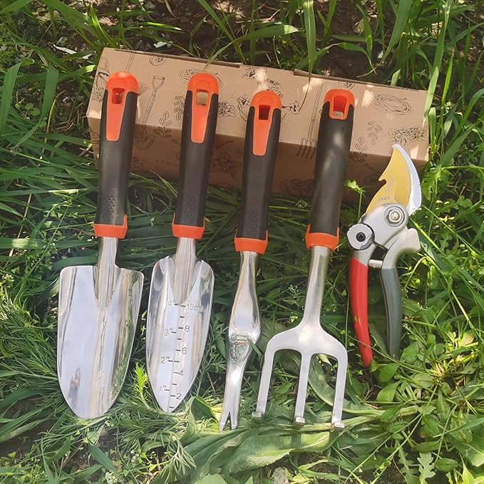 Garden Tools Set, 5 Piece Aluminum Hand Tool Kit with Ergonomic Handle, Heavy Duty Gardening Tools Include Hand Trowel, Transplant Trowel, Hand Rake, Weeder and Shears (Orange)