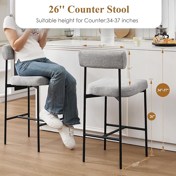 Counter Height Bar Stools Set of 2, Modern Upholstered Bar Stools with Back, Linen Counter Height Chairs with Metal Legs and Padded Cushion for Kitchen Island, Home Pub and Bars, Gray