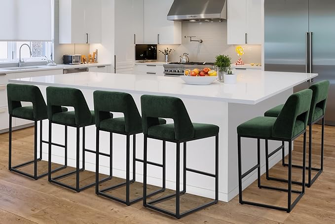 Counter Height Bar Stools Set of 6 for Kitchen Counter Modern Bar Chairs with Backs for Kitchen Island with Upholstered Fabric Seat and Metal Frame, Green, 26 Inch
