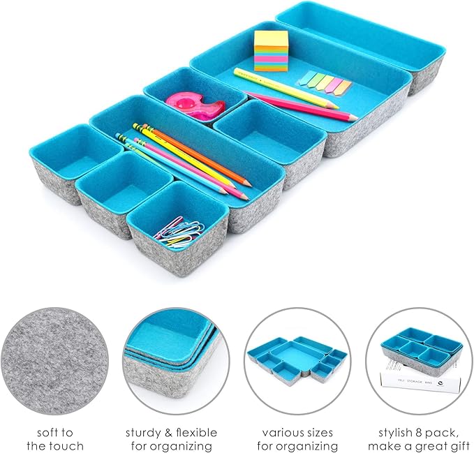 Welaxy desk drawer organizer tray felt storage bin for home office entryway catchall key holder makeup crafts pens decluttering 8-piece gift Solution (Turquoise)