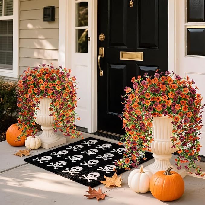 Fake Mums Artificial Hanging Flowers for Outdoor Fall Decoration, 2 PCS Silk Daisy Flower Realistic Faux Plants UV Resistant for Porch Patio Window Yard Outside Autumn Decor(Orange Brown)