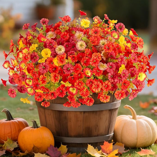 Fall Artificial Flowers for Decoration, 12 Bundles Fake Autumn Flower Plants Petunias, Faux Silk Morning Glory Eucalyptus for Planter Garden Porch Front Door Window Box, Orange Red Yellow