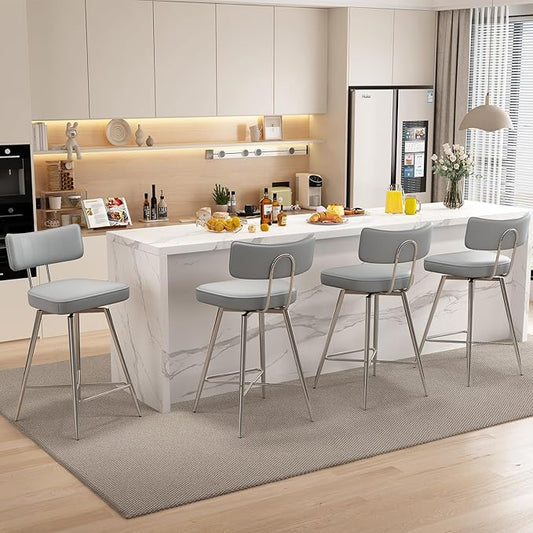 Swivel Counter Height Bar Stools Set of 4, 26" Leather Kitchen Swivel Counter Stools with Backs, Metal Legs and Footrest, Bar Chairs for Kitchen Island, Gray