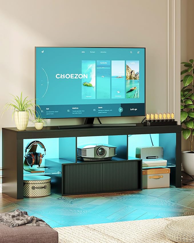 TV Stand with Power Outlet, Modern TV Cabinet for 55 60 inch TVs, Media TV Console with LED Light Strip, Media Entertainment Center with Storage, for Living Room, Bedroom, Black MDS02UDBB