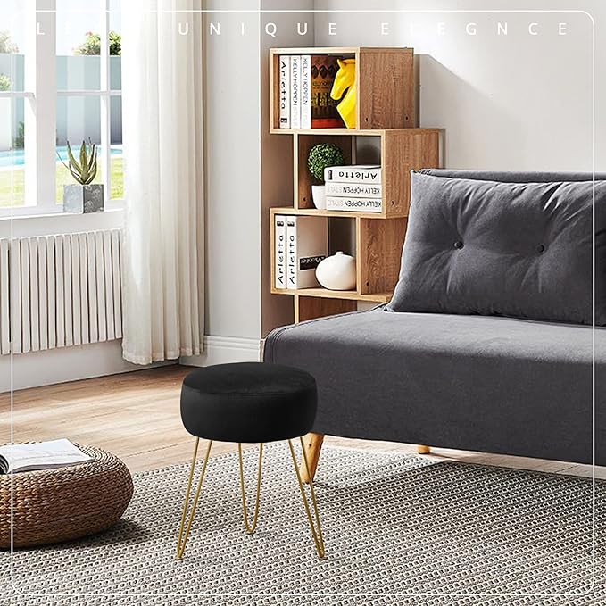 LUE BONA Vanity Stool, Black Vanity Stools for Makeup Room, Round Ottoman Foot Stool, Velvet Footrest Vanity Chair for Bathroom Vanity, Bedroom, Living Room, Entryway, Offices