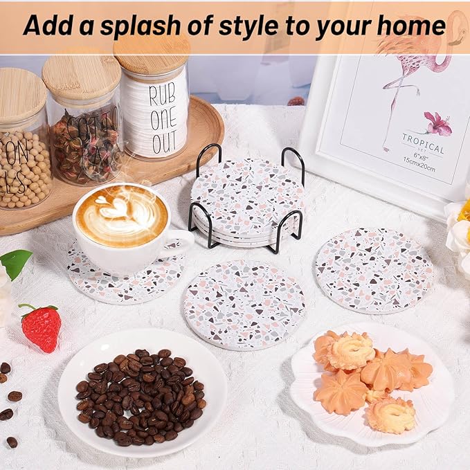 Acejoz Drink Coasters with Holder, Set of 6, Terrazzo Pattern, Ceramic, Round, 4 Inches