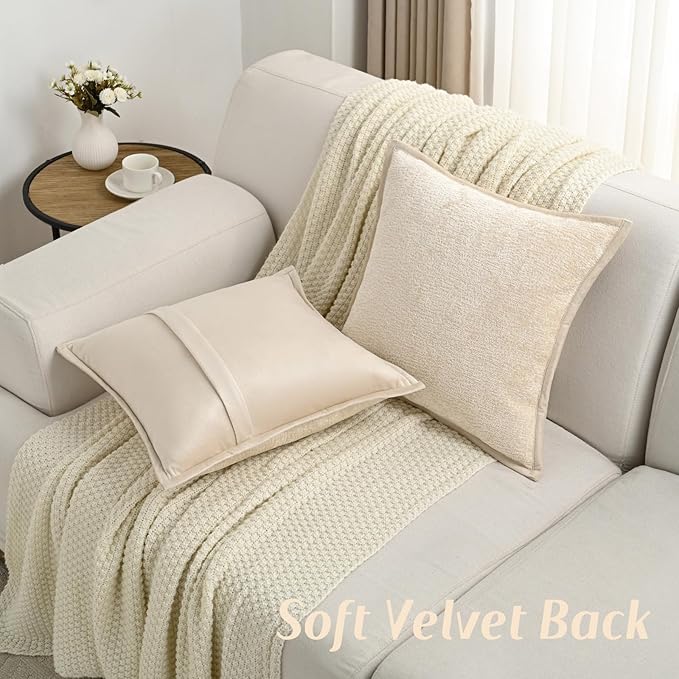 FUTEI Beige Chenille Throw Pillow Covers 24x24 Inch Set of 2,Soft Cozy Bound Edge Design European Cushion Cover,Home Decor for Couch Bed Living Room
