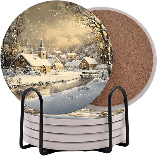 Winter Wintertime Snow Season Round Coasters Set of 6 - Abosrbent Ceramic Coasters with Metal Stand for Drinks, Coffee, Non-Slip Cork Back for Tabletop Protection, 4 Inches (Village)