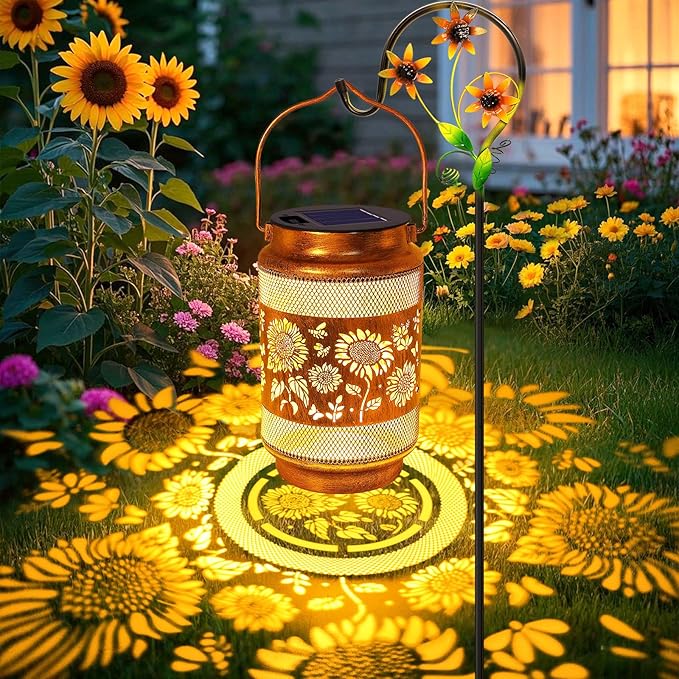 Sunflower Solar Lanterns Outdoor Waterproof with Shepherd Hook, Sunflower Birthday Gifts for Christmas Women Mom Grandma, Metal Solar Hanging Lights Garden Decor for Outside Yard Patio Pathway