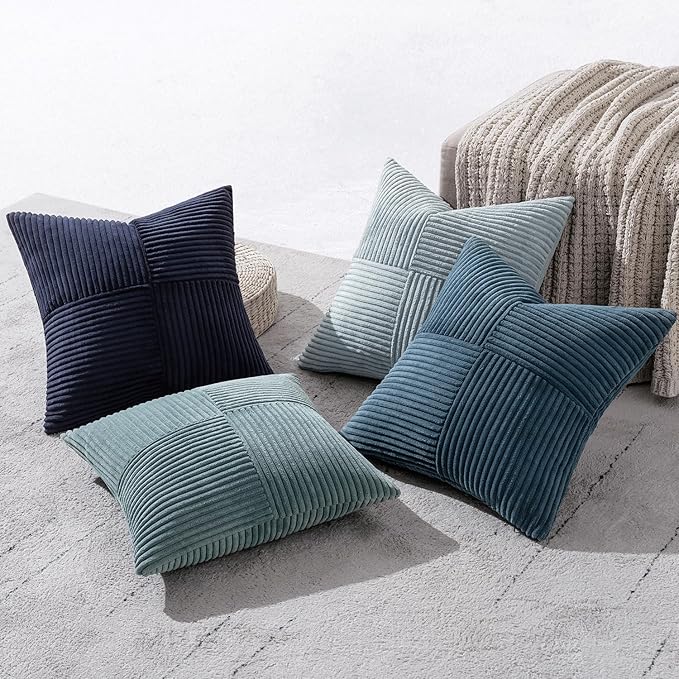 MIULEE Dusty Blue Navy Farmhouse Throw Pillow Covers 20x20 Inch Set of 4 Boho Patchwork Gradient Cushion Cases Western Modern Pillow Cases Corduroy Home Decor for Couch Sofa Living Room Bed