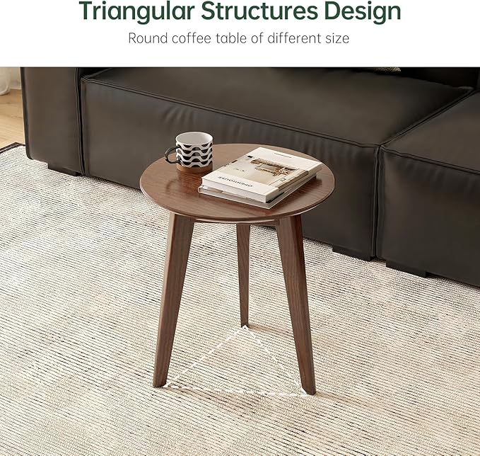 100% Solid Oak Round Side Table Set of 2, Small Bedside Table for Small Spaces, Living Room End Table with Stable Frame, Modern Nightstand for Bedroom Couch(Walnut, 17.71" D x 19.68" H)