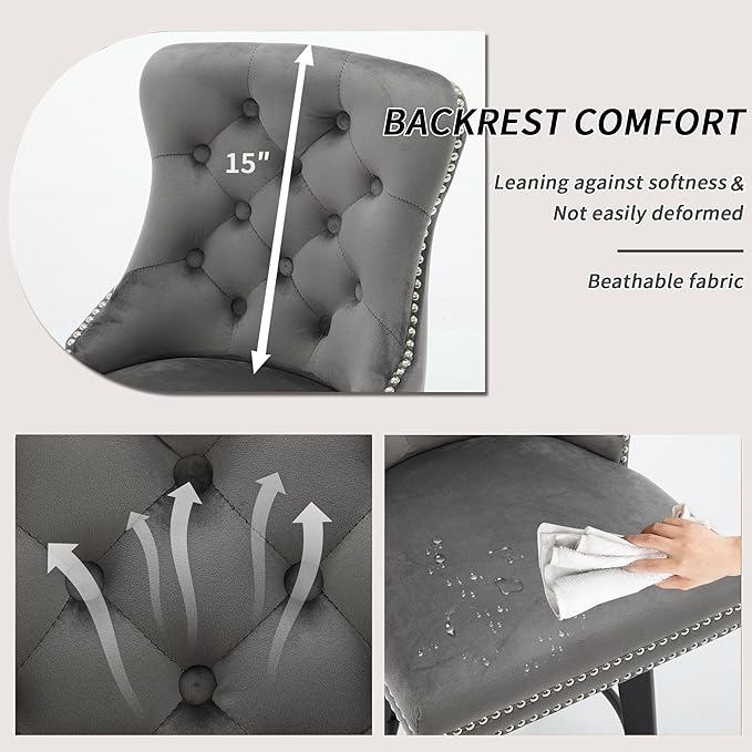 YISHENG Modern Swivel 27" H Seat Set of 6 Velvet Barstools with Backrest and Footrest,Button Tufted Rivet Trim Dining Room Chairs with Metal Pull Ring for Kitchen Island，Bistro, Home Bar，Gray