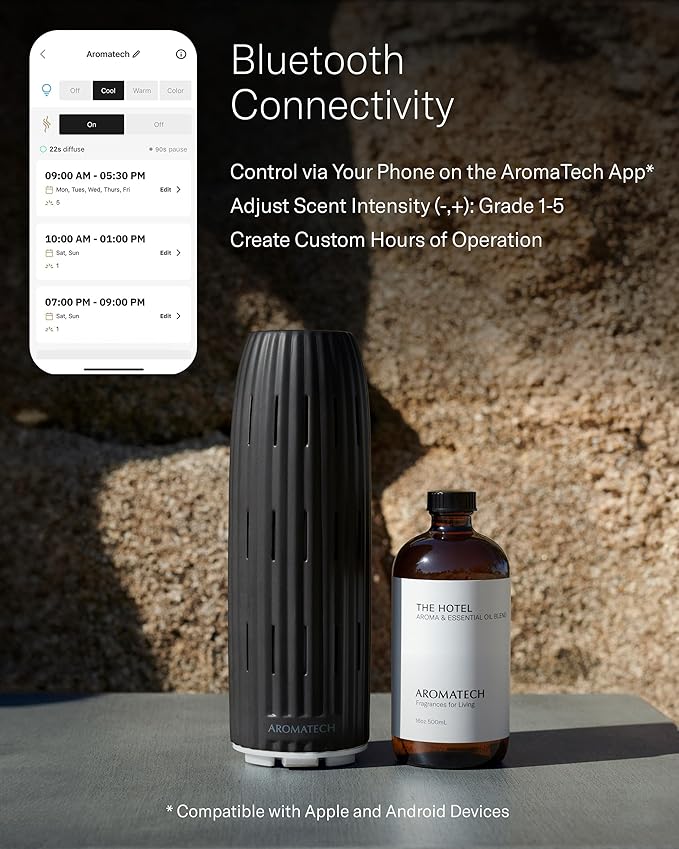 AromaTech Ambience Scent Diffuser for Essential Oil Blends & Fragrances – Waterless Scent Machine w/Bluetooth for Home, Bathroom Boutiques, Hotel, Spa – White Stone