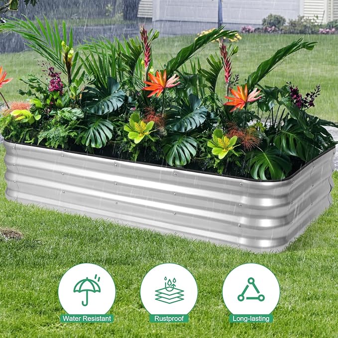 1MORE Raised Garden Bed -5X3X1 Galvanized Planter Box for Outdoor Gardening,4 in 1 Modular Raised Bed Kit with Protective Tape, Gloves for Herb，Ideal for Vegetables and Plants.sliver-1Pcs