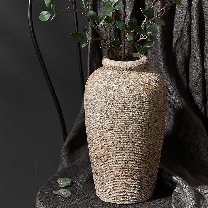 Large Ceramic Rustic Vase, 11 inch Minimalist Decorative Vase, Farmhouse Tall Wood Colored for Home Decor, Living Room, Shelf Decor, Enterway, Table Decoration, Brown