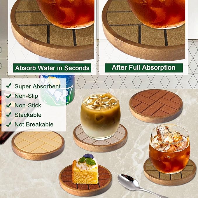 Coasters for Drinks Absorbent 5 Pack, Wood & Felt, Non-Slip, Non-Stick, Brown, Round, 4.3 Inch