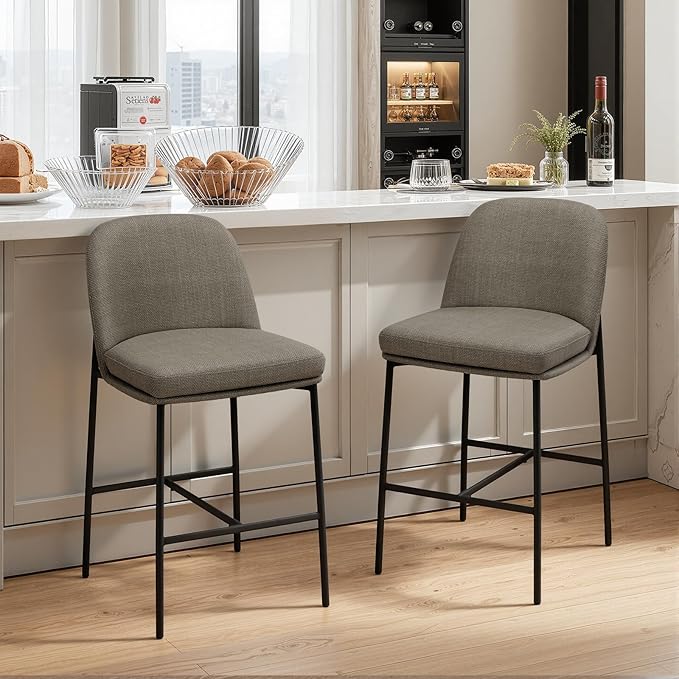 COLAMY Counter Height Bar Stools Set of 2, 25 Inch Modern Fabric Kitchen Island Stools with Back, Upholstered Counter Barstools Armless Bar Chairs with Metal Legs for Island Dining Room Bar,Brown