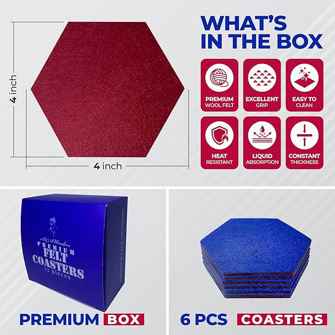 A&A Wonders Premium Felt Coasters for Drink, Absorbent Felt Protects Furniture, Table, Anti Slip, Absorbent, Suitable for Drinks & All Table Types (Wine Red/Royal Blue, Hexagon 6 Pack)