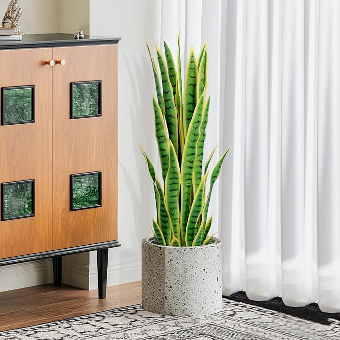 3ft Artificial Snake Plant – 36in Faux Sansevieria Plants, Fake Floor Plant for Indoor Outdoor, Front Porch Patio Home Office Decor, Mother-in-Law’s Tongue, Yellow 2Pcs