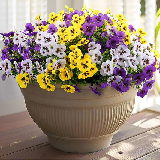 Artificial Fake Pansy Flowers for Outdoor, 36 Bundles Faux Silk Pansies Spring Flowers for Outside for Planter Front Door Porch Yard Patio Window Box Home Decor (36, Purple, Yellow, White)