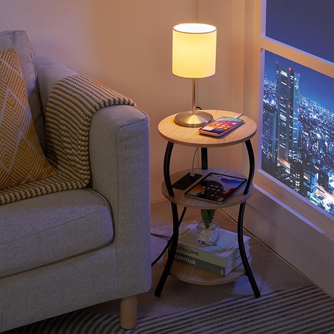 Small Round Side Table with Charging Station, 3-Tier Waist Circular End Table with Storage Shelf, Compact Tea Sofa Side Table Small Spaces, Round Corner Coffee Table for Living Room Bedroon,Oak