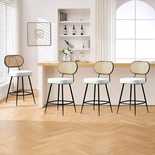 BFZ Counter Height Bar Stools Set of 4, 26" Seat Height Barstools with Rattan Back and Metal Legs, Upholstered Faux Leather Bar Chairs for Kitchen Island, Home Bar, Beige