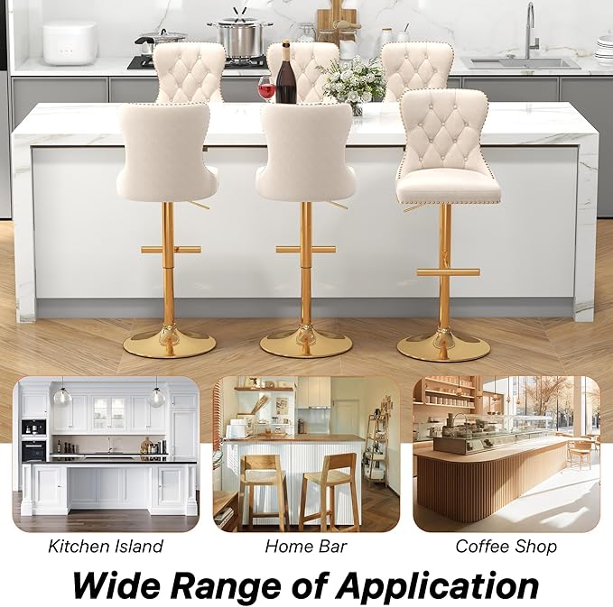 Bar Stools Set of 4, Velvet Swivel Counter Height Stools with Tufted Back, Adjustable Seat with Nailheads Trim, Upholstered Bar Chairs with Gold Base for Kitchen Island, Pub, Beige