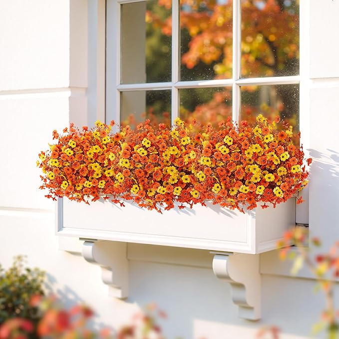 Artificial Mums Fall Fake Flowers for Outdoors, 12 Bundles Faux Mums for Outdoor Planters Decorations,UV Resistant Silk Flowers Plastic Plants for Front Porch Garden Patio Home Decor (B-Orange Yellow)