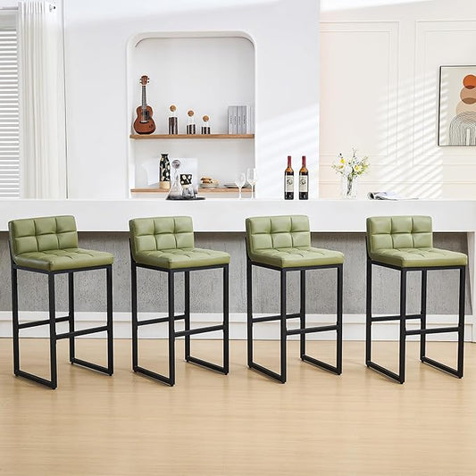 Set of 4 Bar Stools, Upholstered Bar Height Barstools with Low Back and Thickened Metal Frame, Modern Tall Bar Chairs for Kitchen Island, Bar, Counter (Avocado Green, 4Pcs 30" Bar Stools)