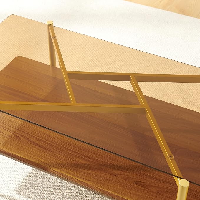 Rectangle Coffee Table, Mid-Century Modern Design, L41*W21*H17 inch, for Living Room, Amber Glass Top and Walnut Finish Wood Shelf, Conical Metal Legs with Gold Finish