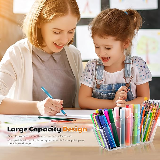 Scalloped Acrylic Pencil Holder – Clear Desk Organizer with 4 Compartments – Makeup Brush Holder & Remote Caddy for Office, Bathroom, Table – Party Accessory