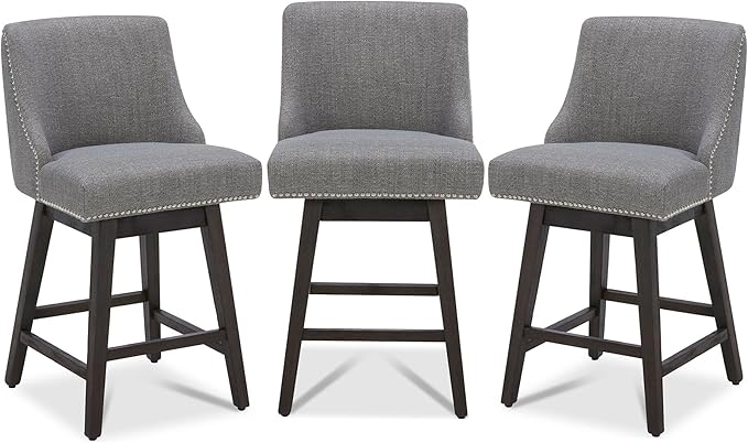 CHITA Counter Height Swivel Bar Stools Set of 3, FSC Certified Upholstered Counter Stools, Modern Swivel Barstools with Wood Legs for Kitchen Island, 26" Seat Height, Fabric in Fog