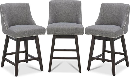 CHITA Counter Height Swivel Bar Stools Set of 3, FSC Certified Upholstered Counter Stools, Modern Swivel Barstools with Wood Legs for Kitchen Island, 26" Seat Height, Fabric in Fog