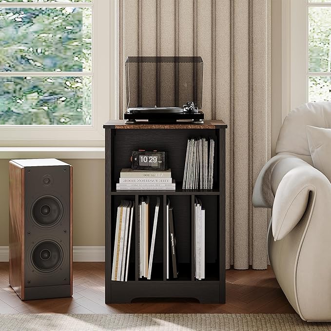 ChooChoo Record Player Stand, Vinyl Record Storage Cabinet, Turntable Stand Holds up to 160 Albums, Record Player Table Display Shelf for Living Room, Bedroom, Office, Vintage Black