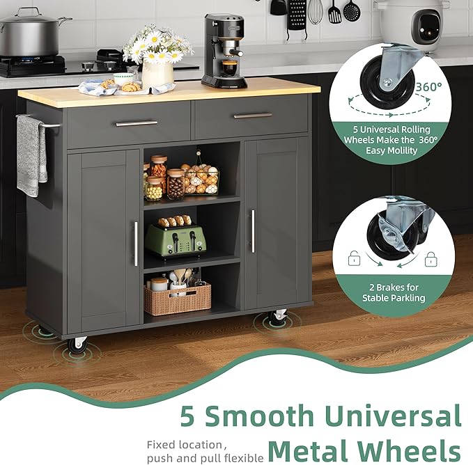 Shintenchi Kitchen Island with Storage, Kitchen Island Cart on Wheels with 3 Open Shelves, 2 Drawers and 2 Cabinets, Rolling Kitchen Table with Large Countertop, Gray